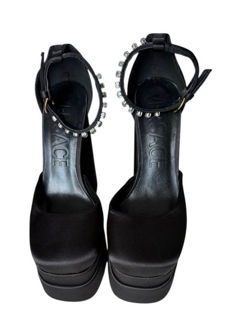 Designer Inspired Black Platform Ankle-Strap Pumps with Crystal Trim